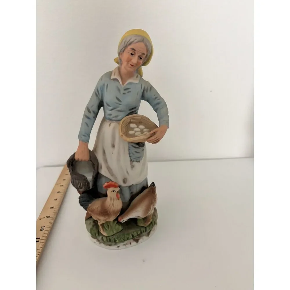 Vtg ardco porcelain figurine of farm woman gathering eggs with chickens